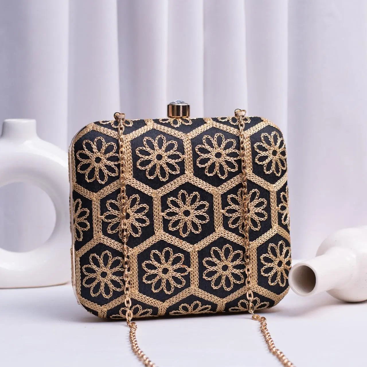 Black & Gold Embroidered Box Clutch