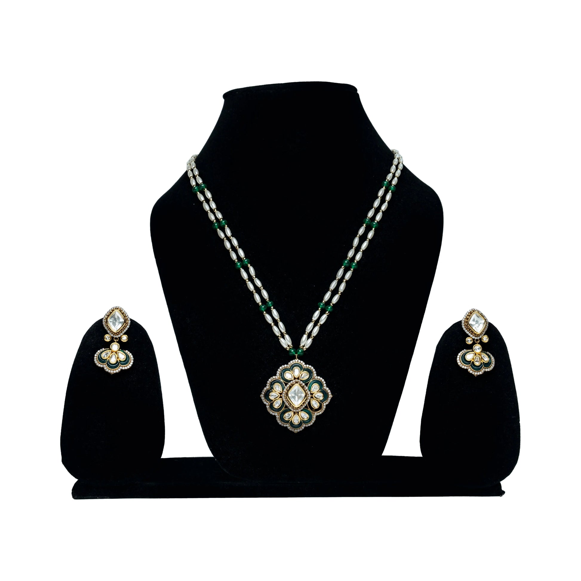 Green & White Strand Floral Pendant Jewelry Set
