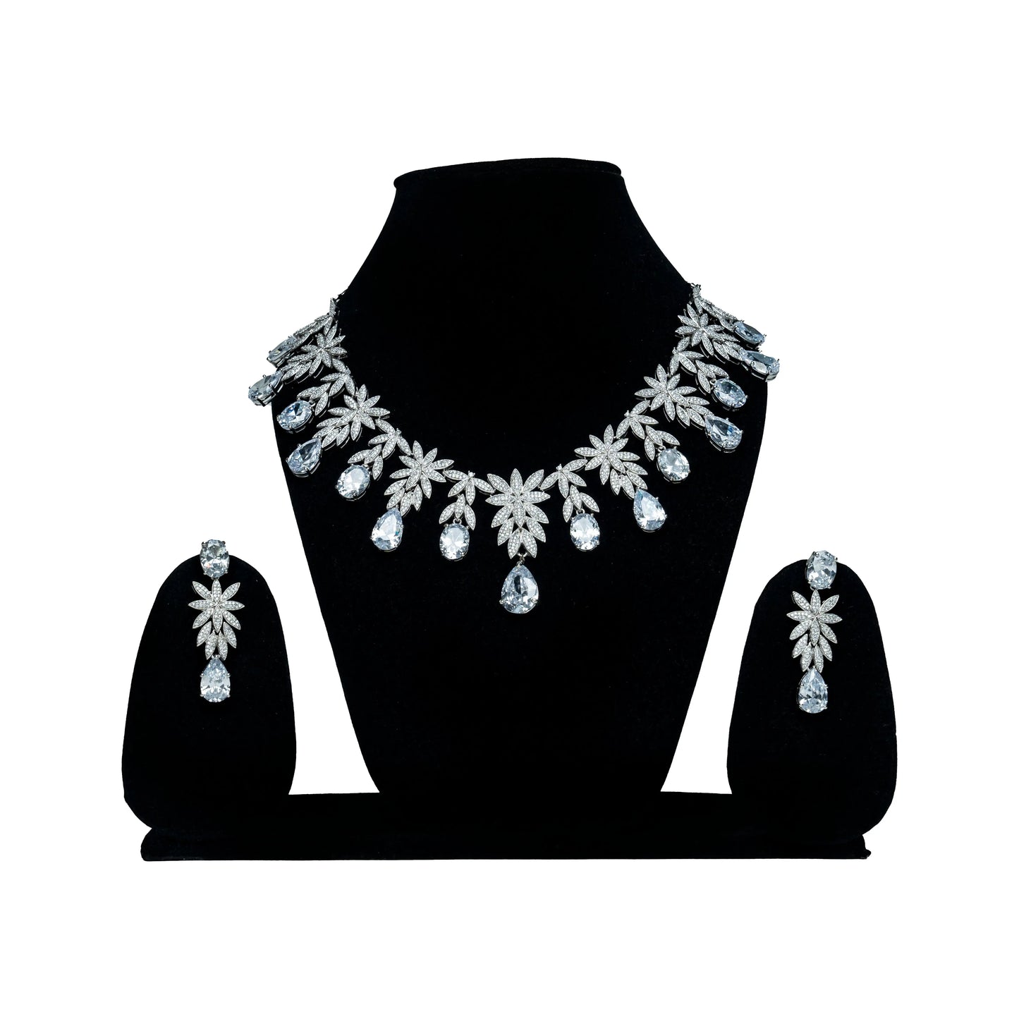 Silver Zirconia Leaf Motif Necklace Set