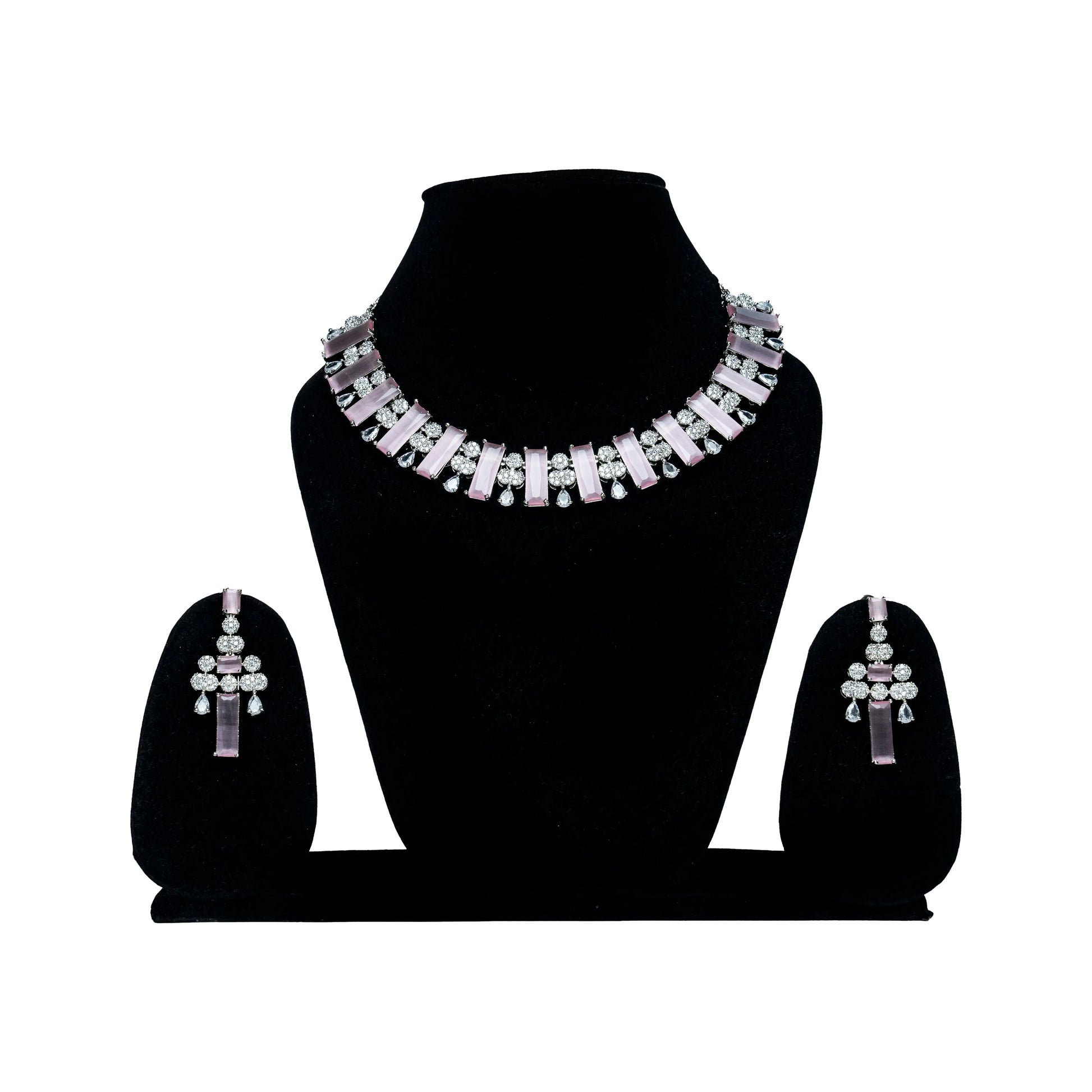 Silver-Plated Pink Stone Choker Necklace Set with Earrings