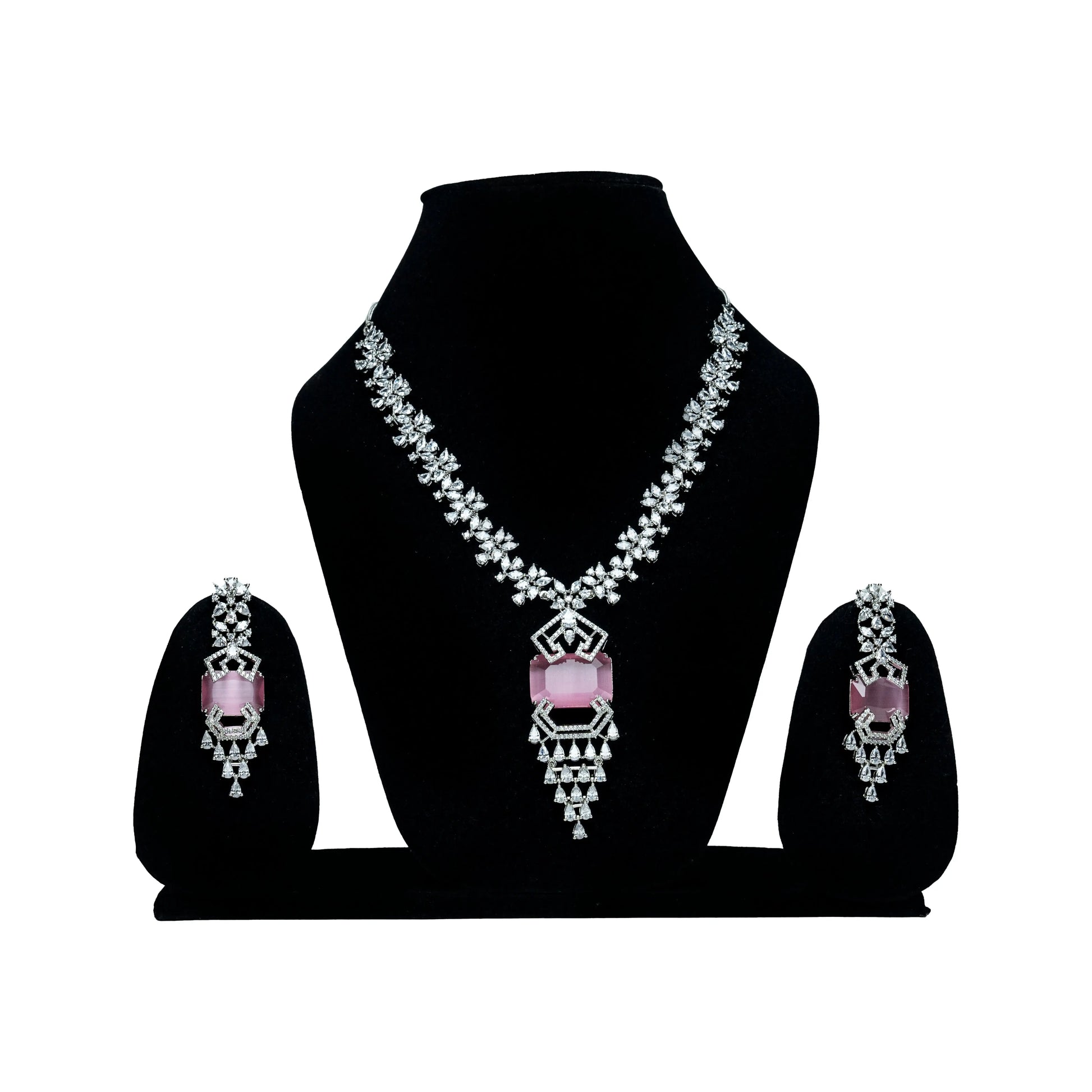 Pink AD Necklace Set with Pendant & Earrings