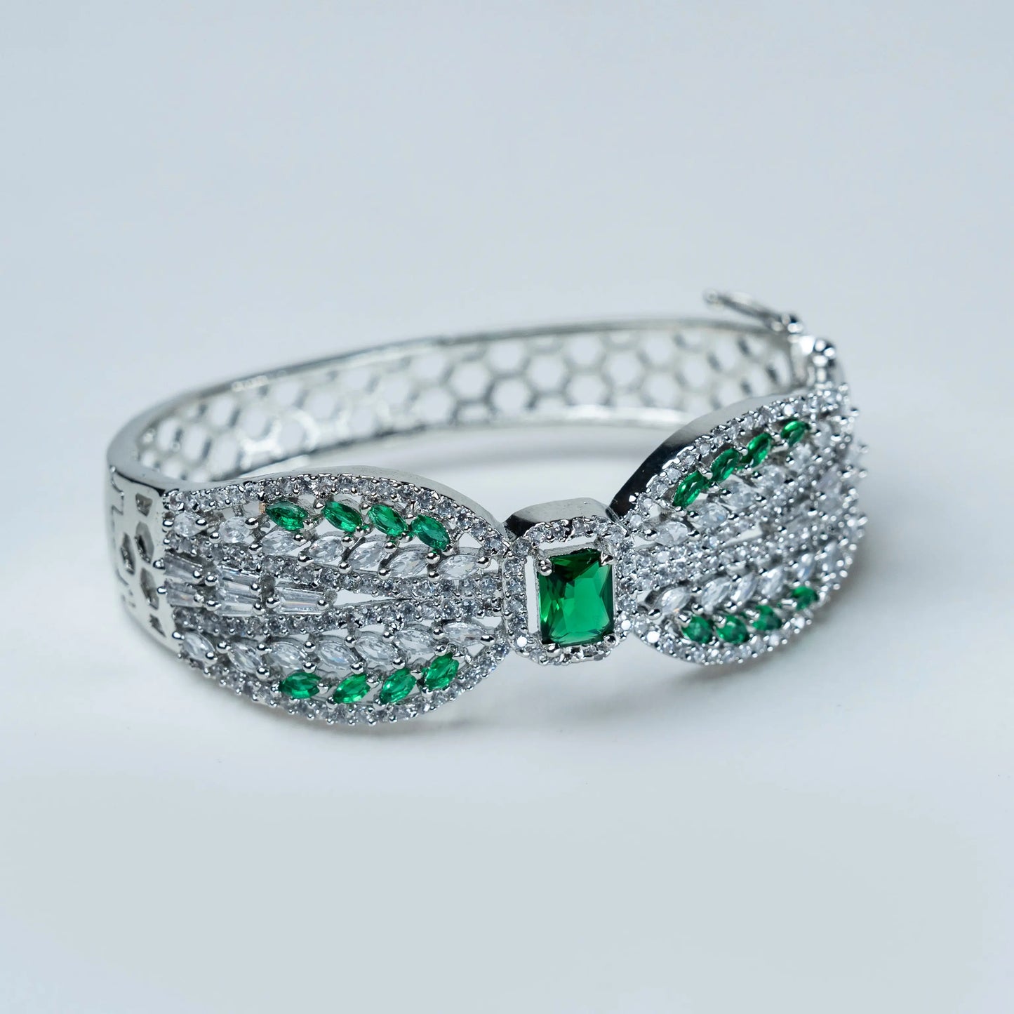 Silver Finish with Green Stone Diamond Kada Bracelet