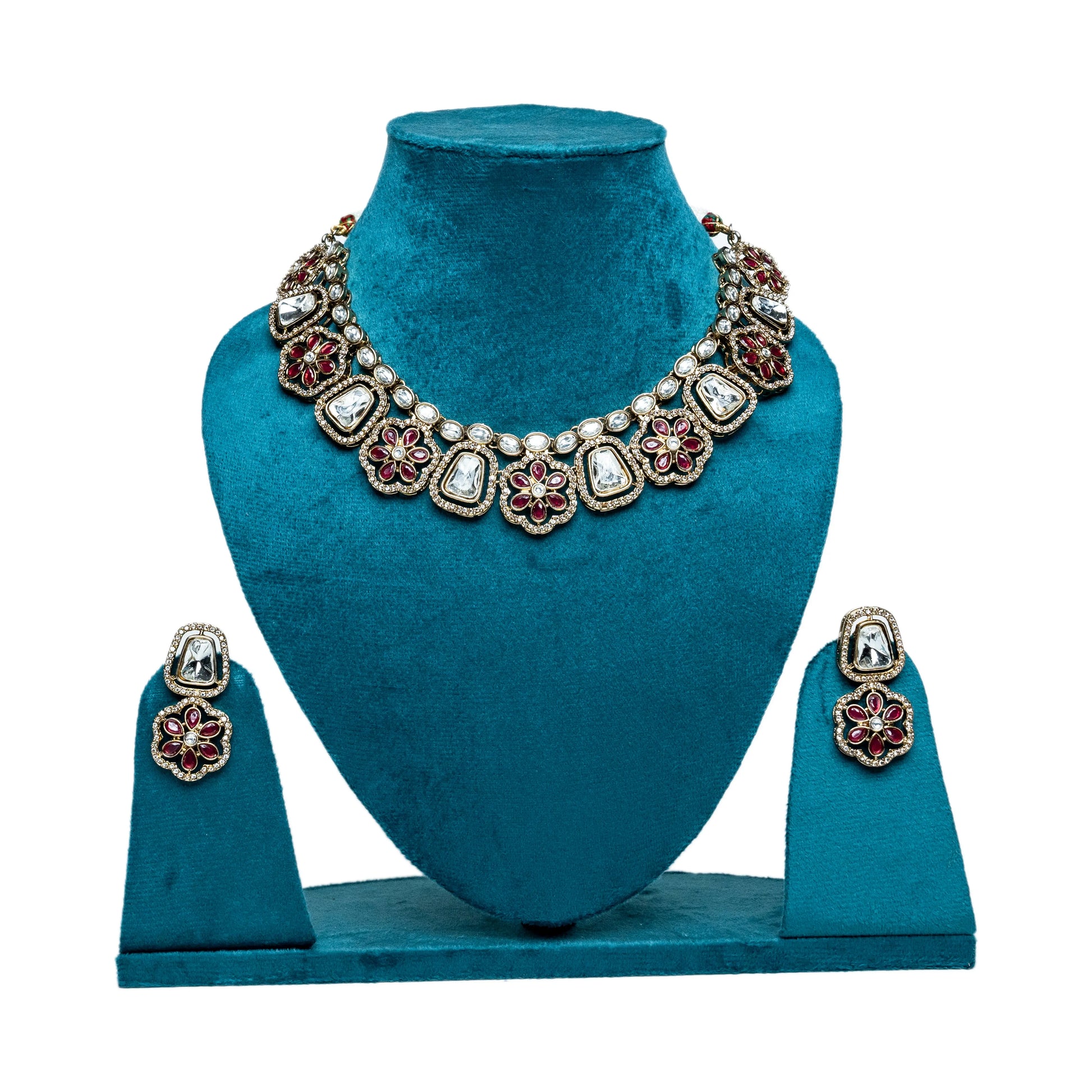 Red Floral Kundan Choker Necklace Set with Earrings