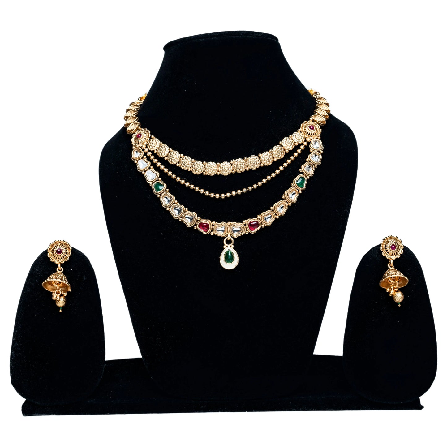 Layered Antique Gold&Green Pendant Rajwada Necklace Set