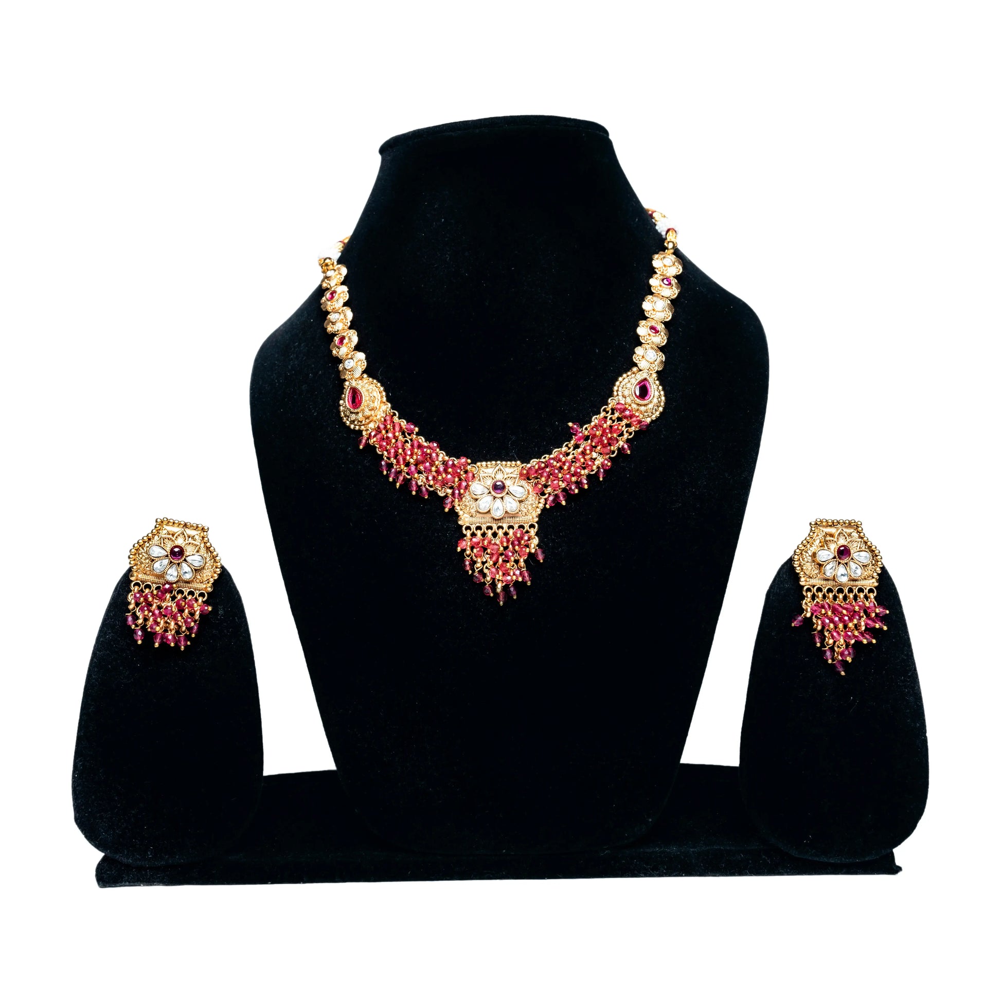 Red Bead Kundan Necklace Set with Earrings