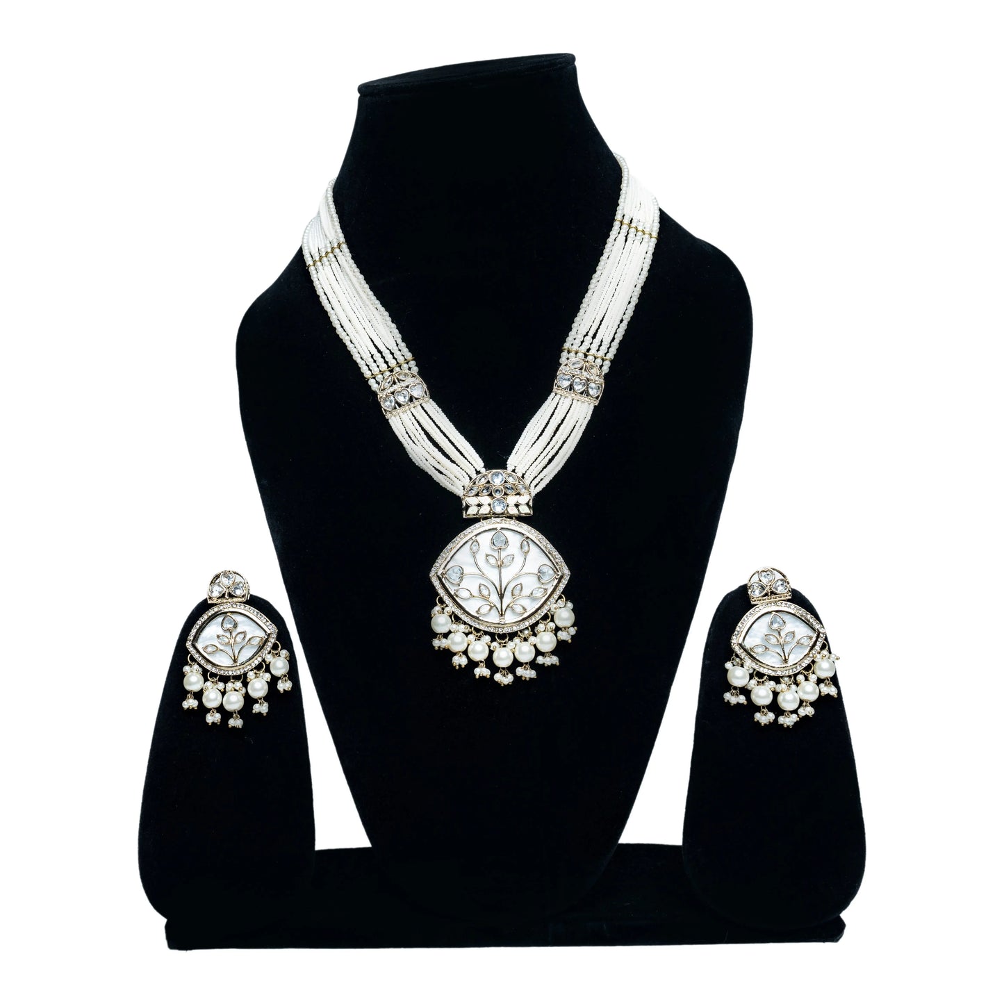 Beaded Kundan With White Pearl Necklace Set