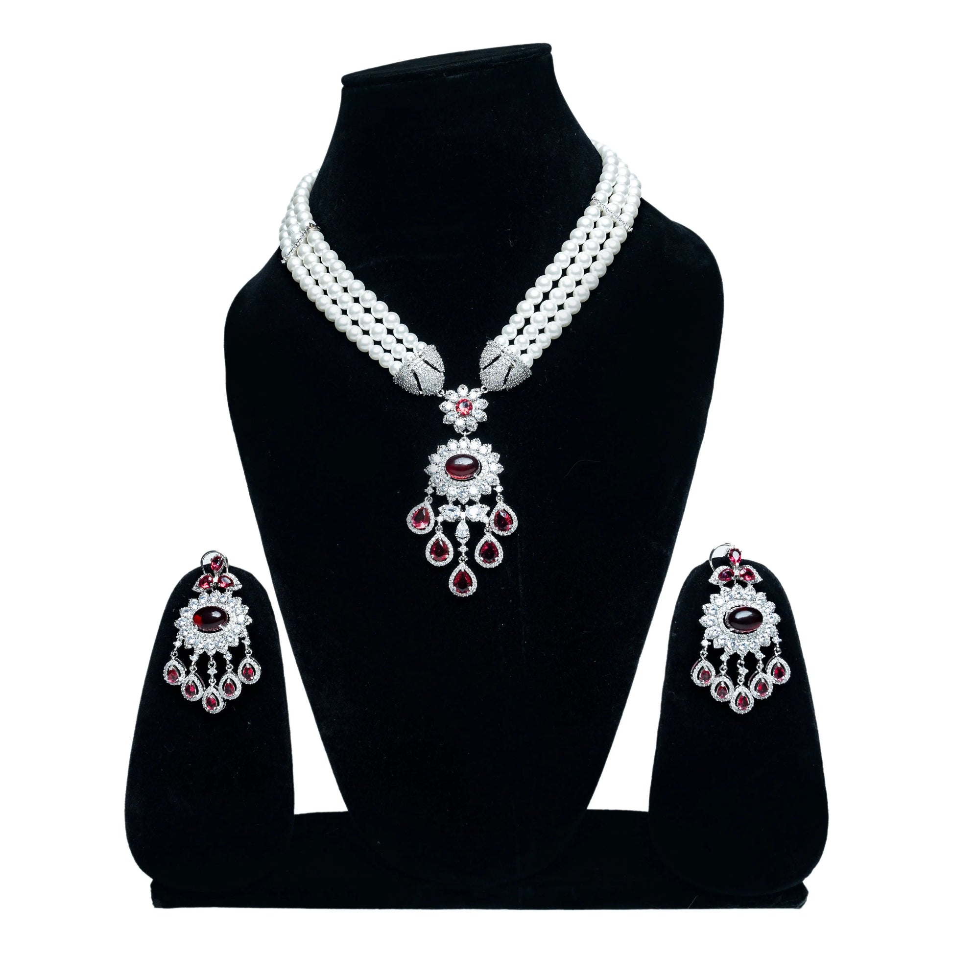 White Beaded Choker with Maroon Stones Kundan Pearl Set