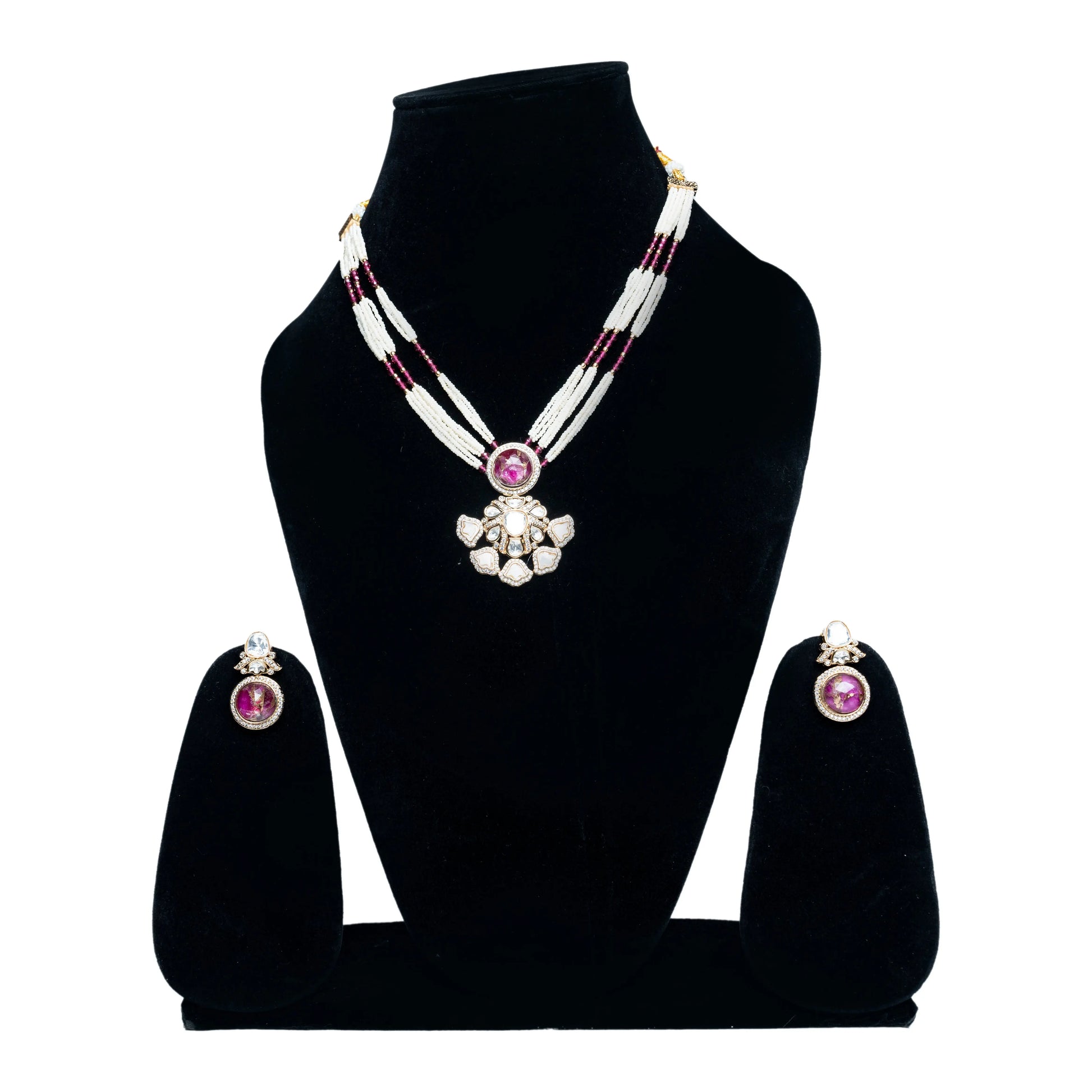 Pink Gemstone Pearl Beaded Necklace Set