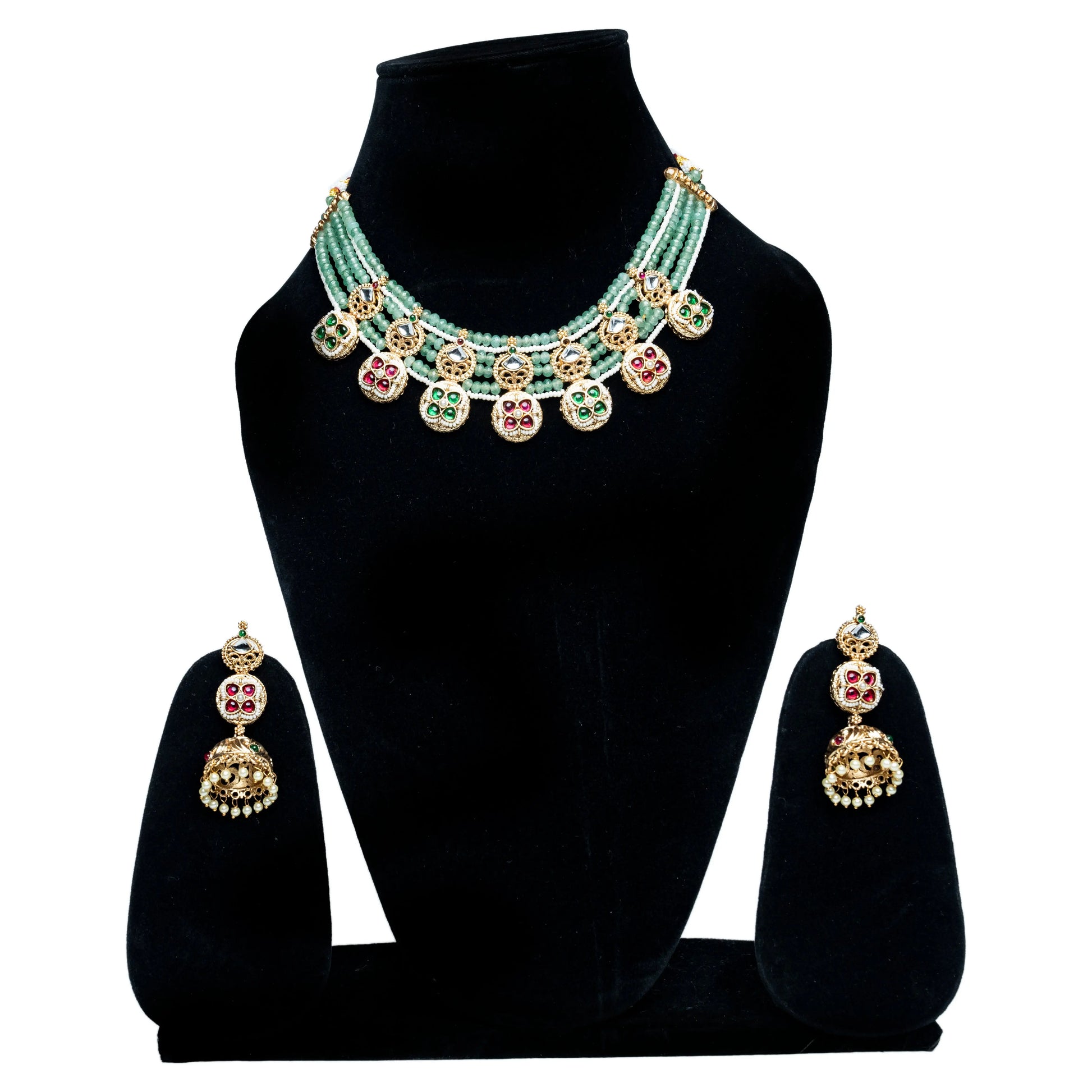 Rajwada Green Beaded Kundan Necklace Set