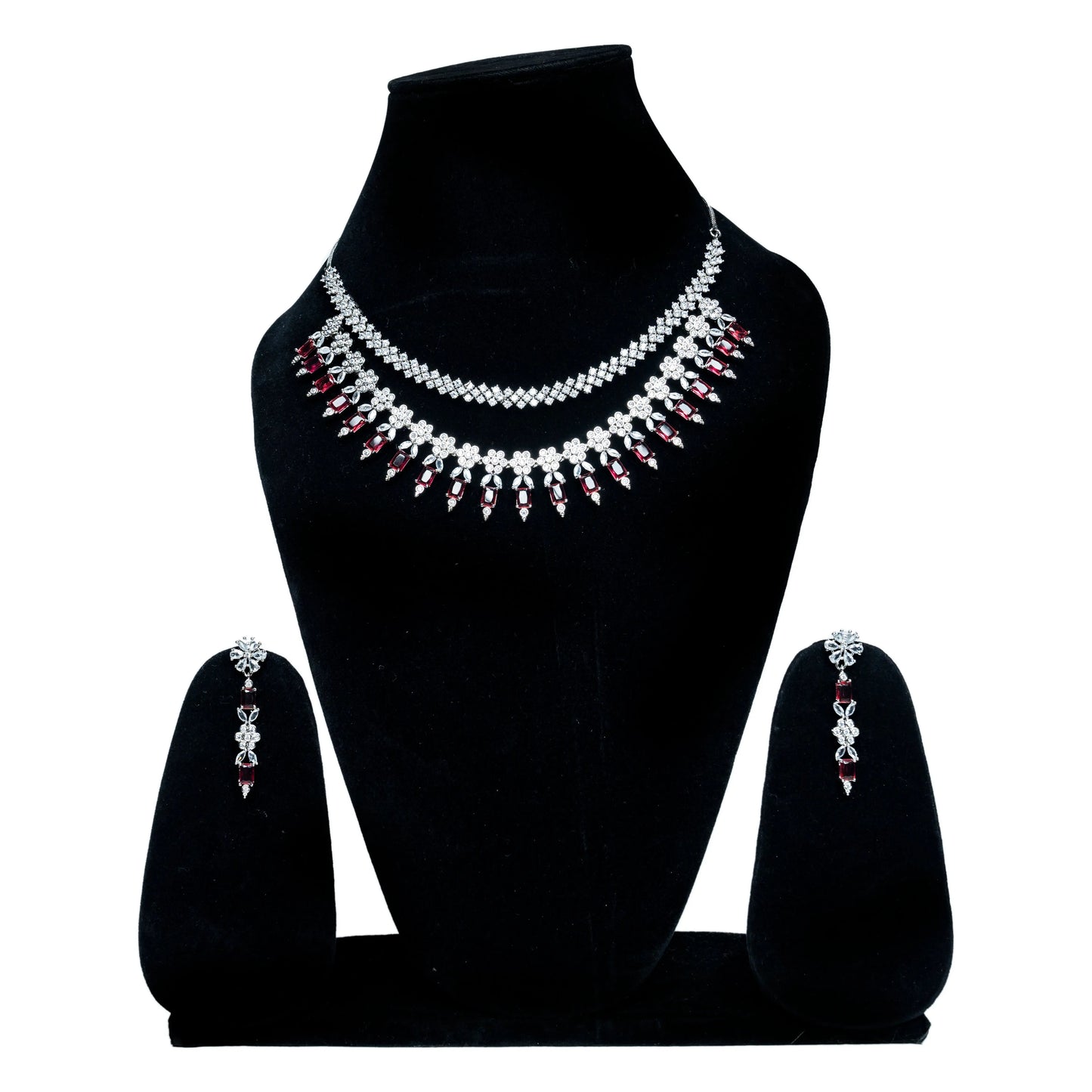 Dual Layer Silver Plated Ruby Crystal Necklace Set
