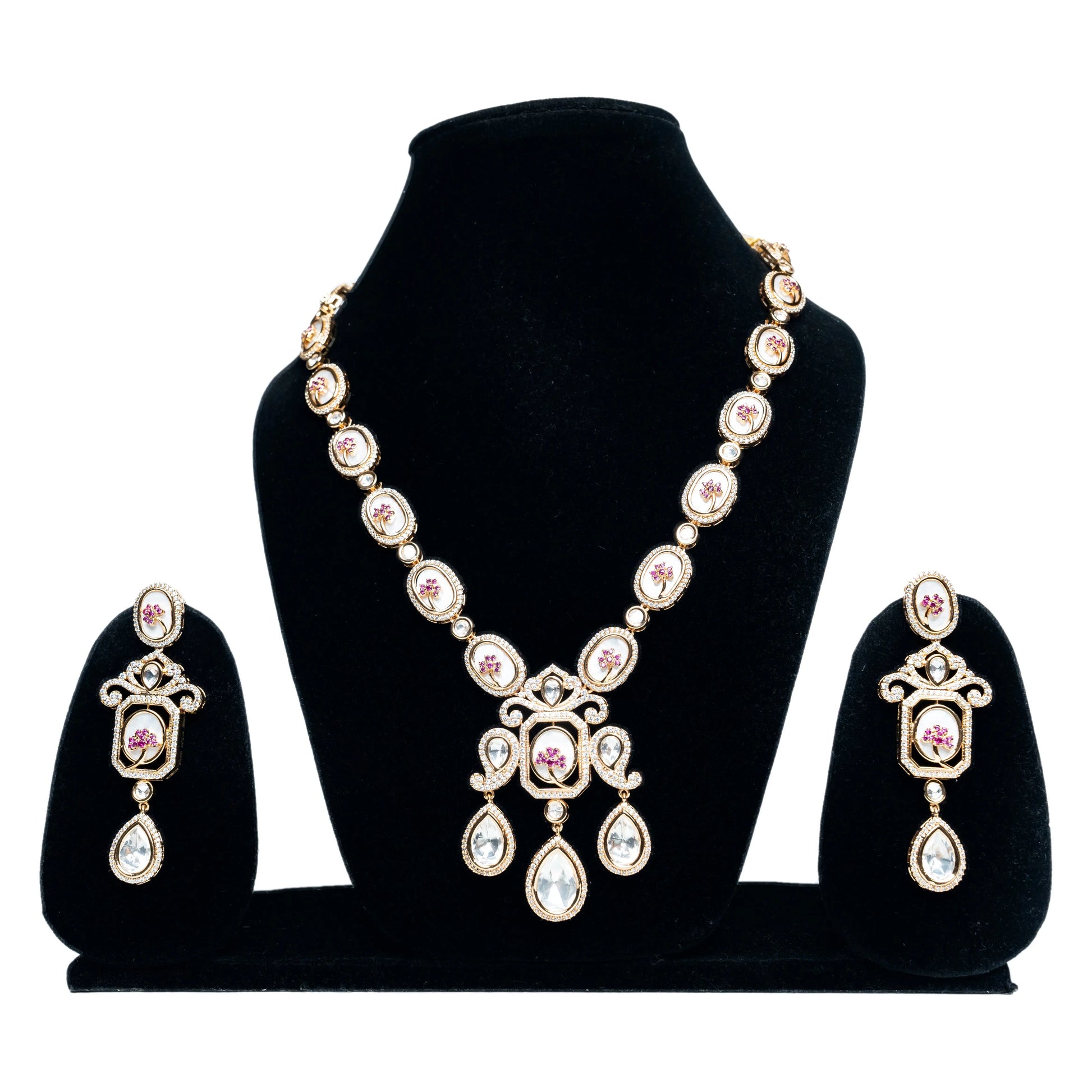 Pink & White Kundan Pendant Necklace Set