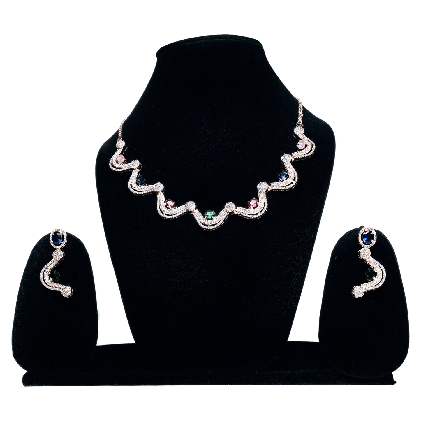 Wavy Silver Design with Multi-Stone Necklace Set