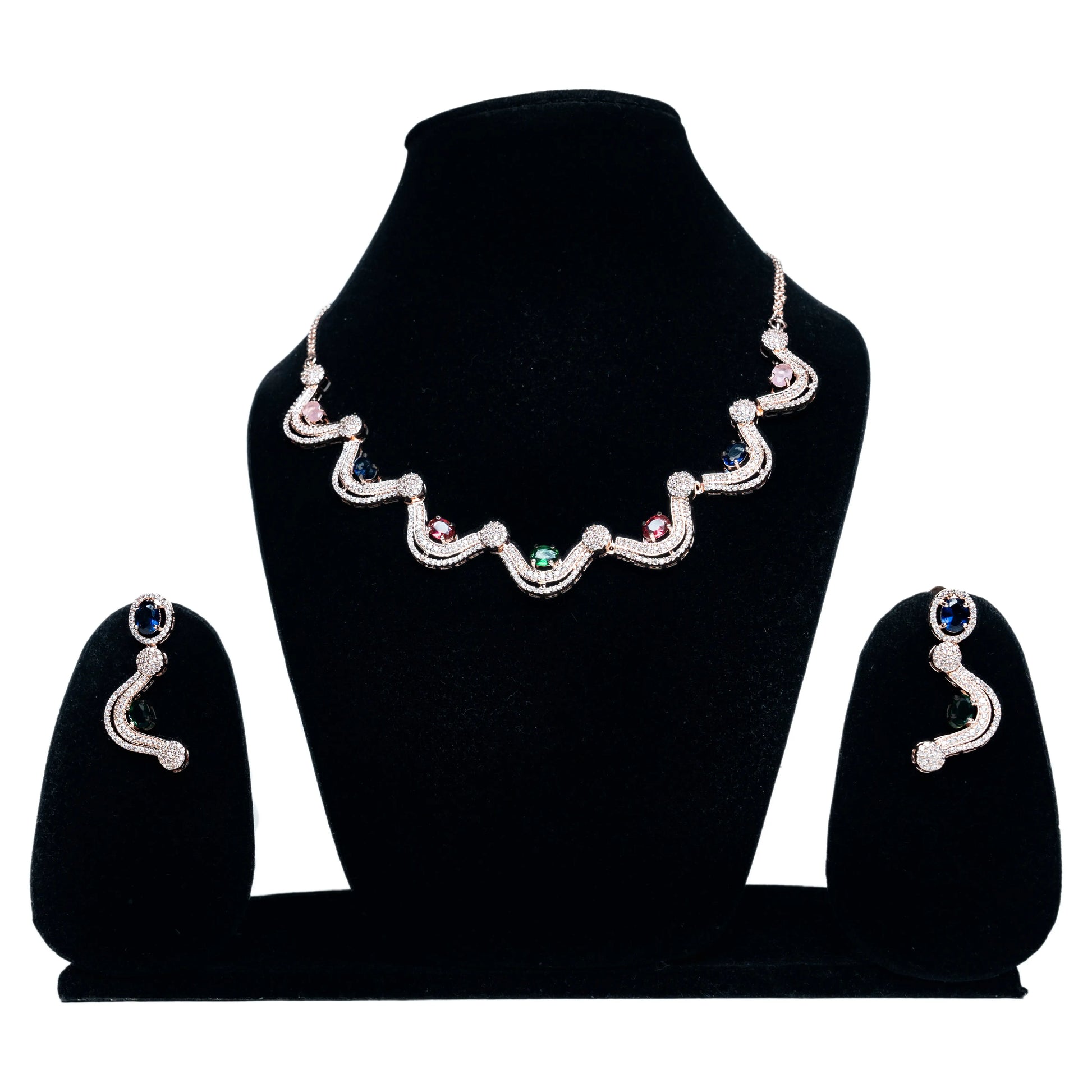 Wavy Silver Design with Multi-Stone Necklace Set