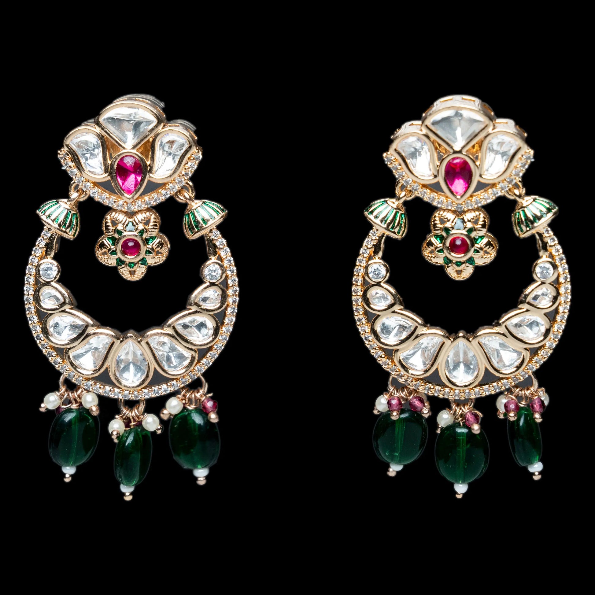 Round Green Drop Bridal Design Kundan Earrings