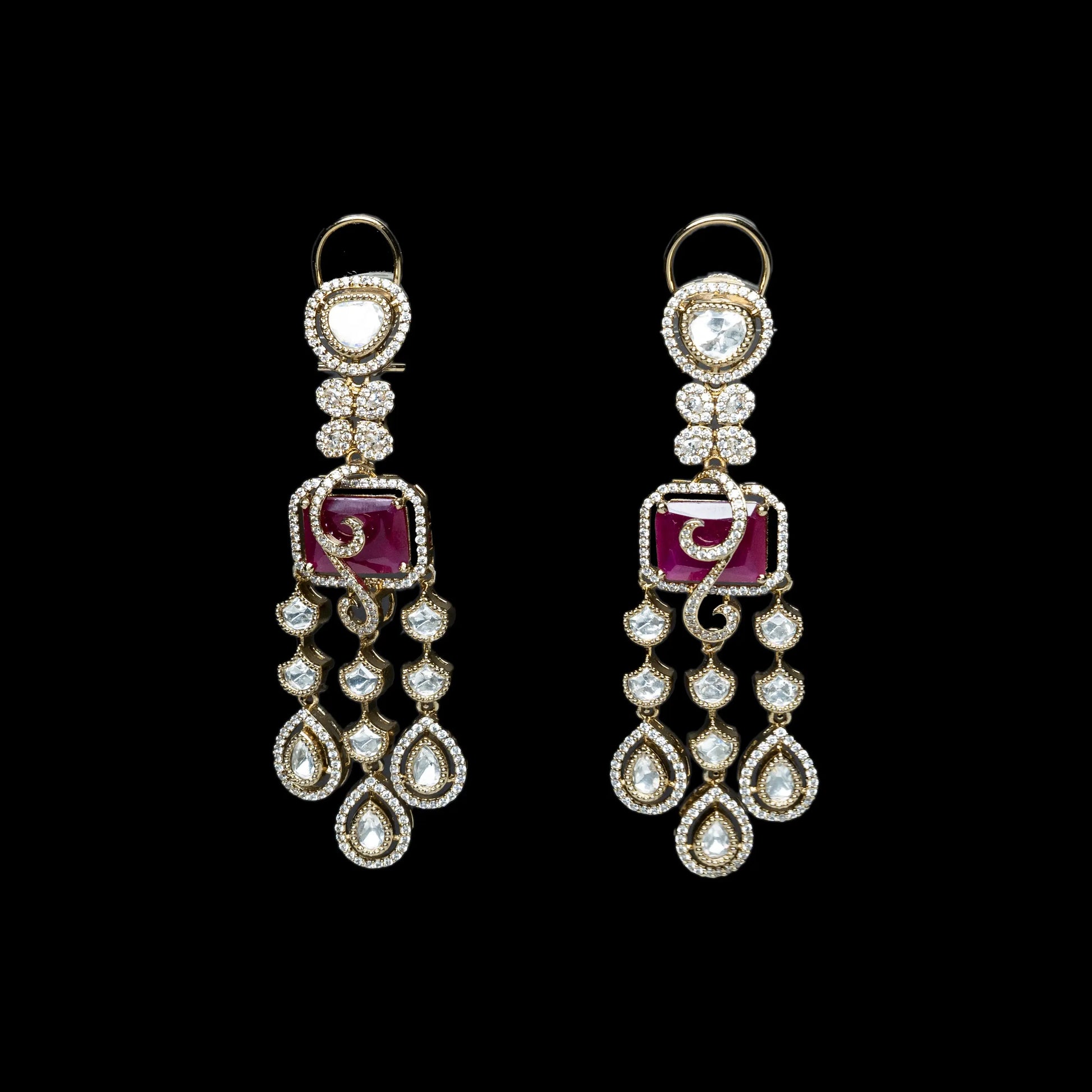 Red & White Long Dangler Kundan Earrings