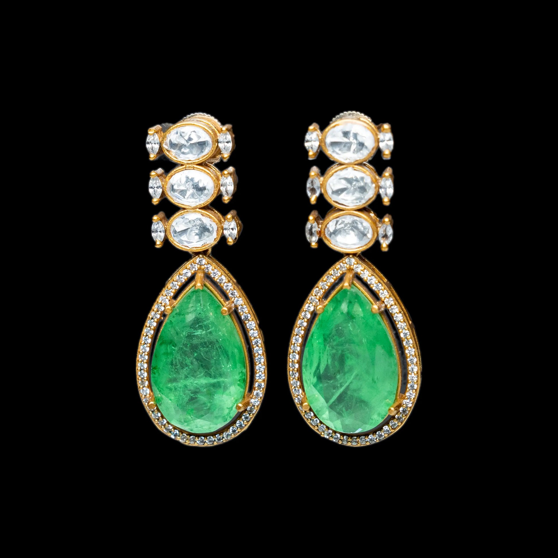 Green Stone Paisley Jhumkas with Pearl Drops Kundan Earrings