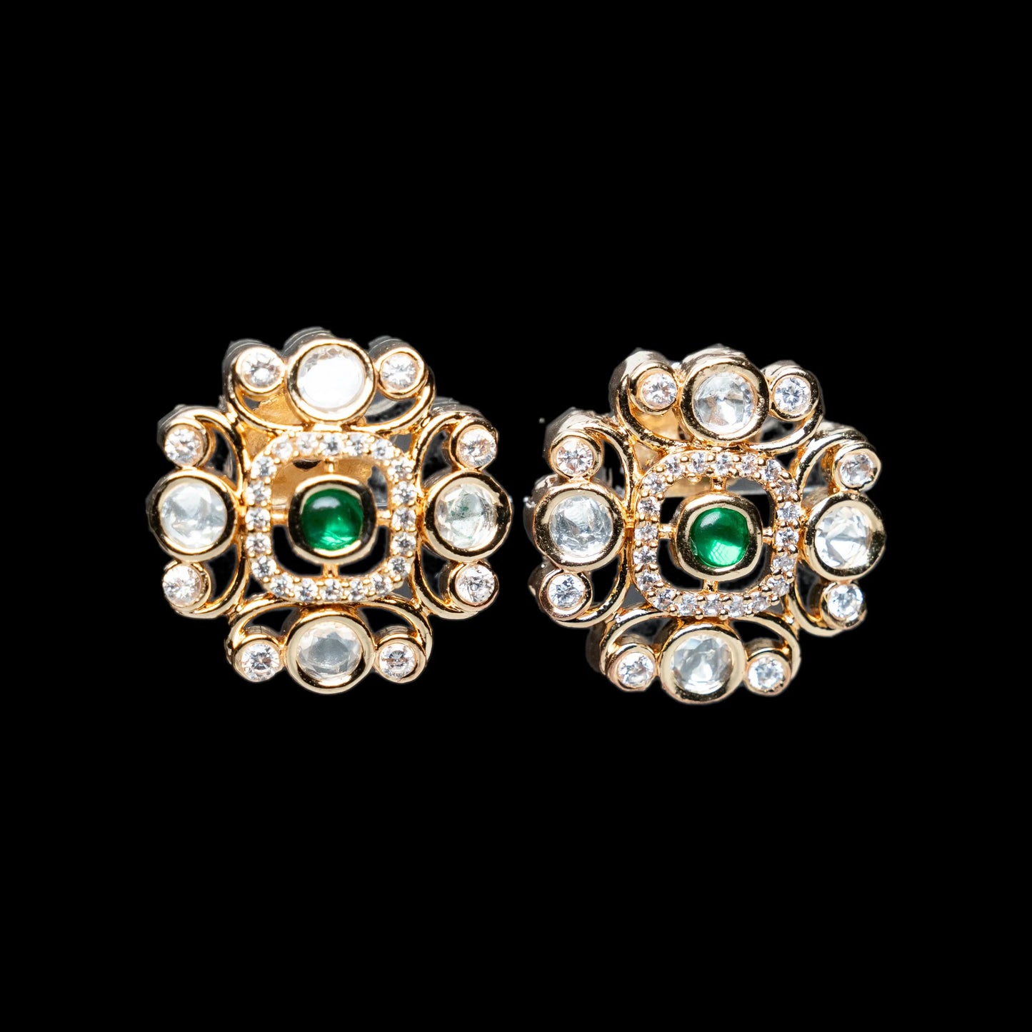 Emerald Stud Polki Square Earrings