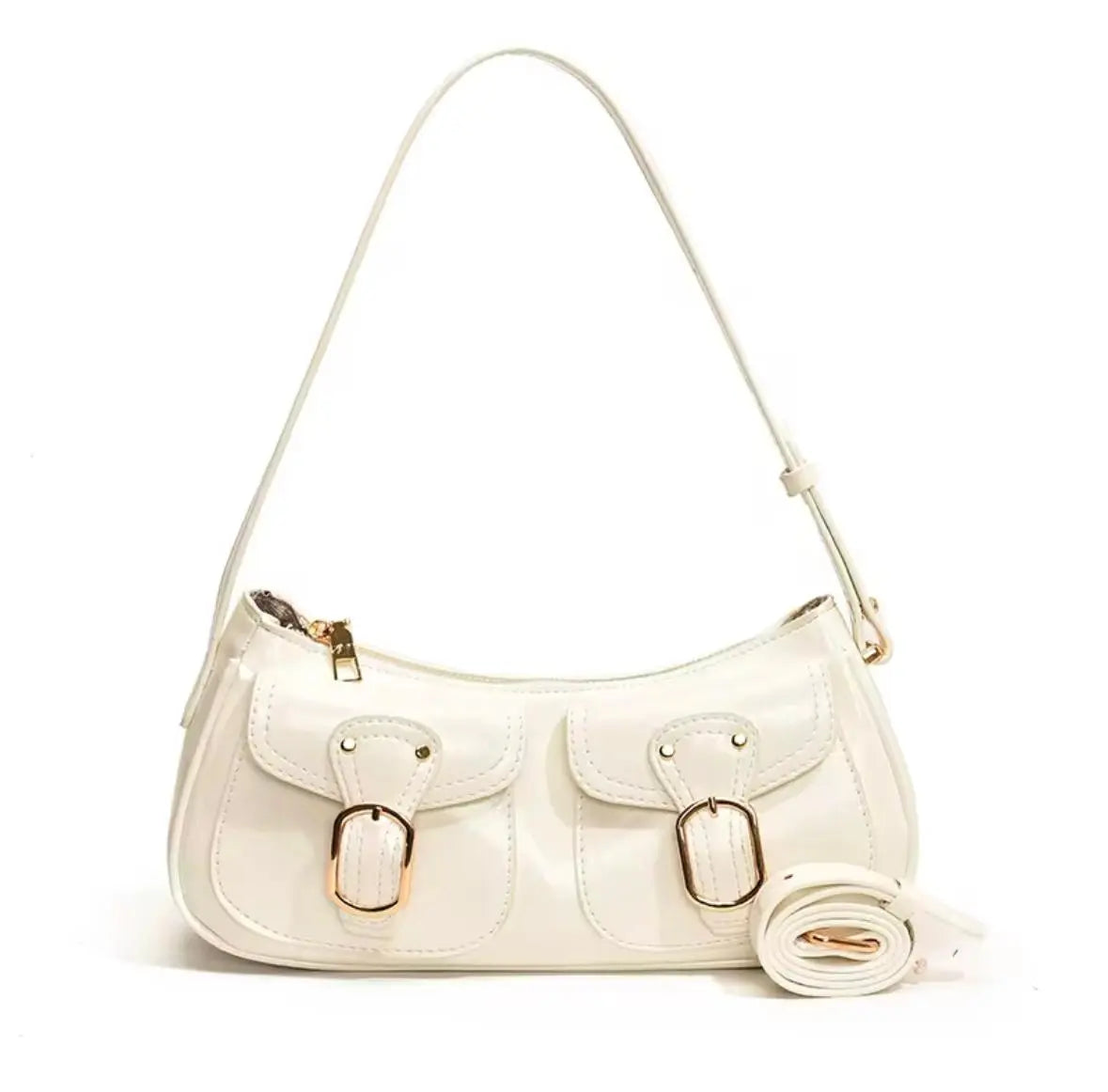 Glossy White Buckle Shoulder Bag