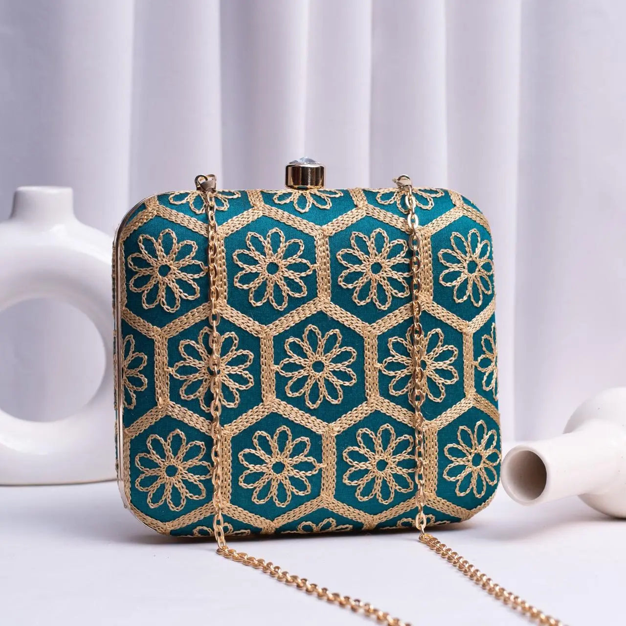 Teal Embroidered Box Clutch