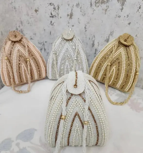Elegant White Pearl & Gold Beaded Potli Bag for Weddings & Parties Bag Collection