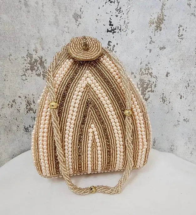 Elegant White Pearl & Gold Beaded Potli Bag for Weddings & Parties Bag Collection