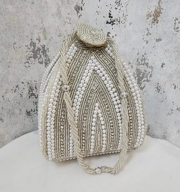 Elegant White Pearl & Gold Beaded Potli Bag for Weddings & Parties Bag Collection