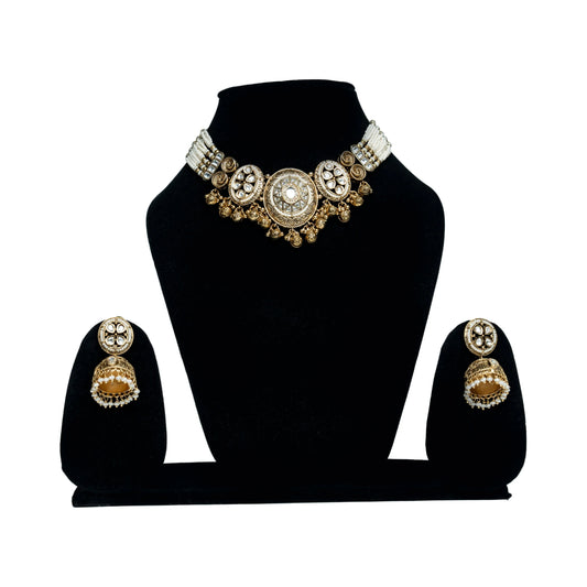 Antique Gold Medallion with Pearl Strings Kundan Choker Set