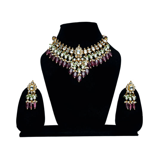 White & Magenta Royal Drop Choker Necklace Set
