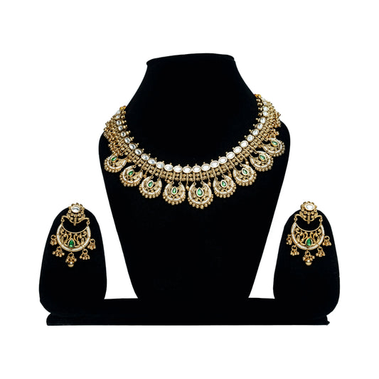 Rajwada Green Beaded Kundan Necklace Set