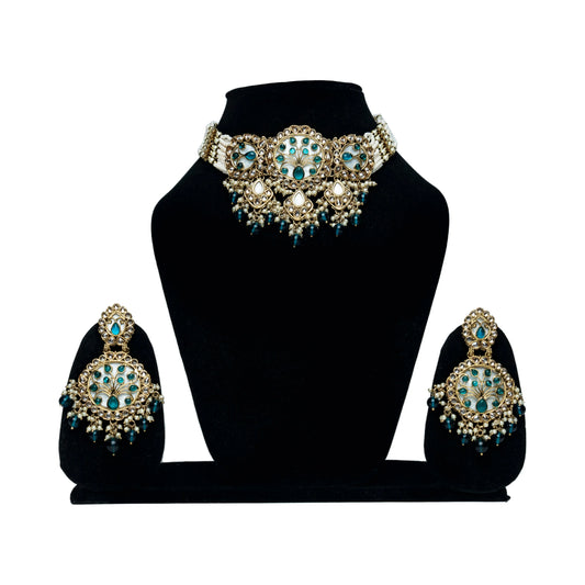 Turquoise Reverse AD Choker Set with Earrings