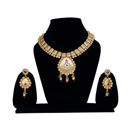 Antique Gold Bridal Jewellery Set – Traditional Necklace with Earrings