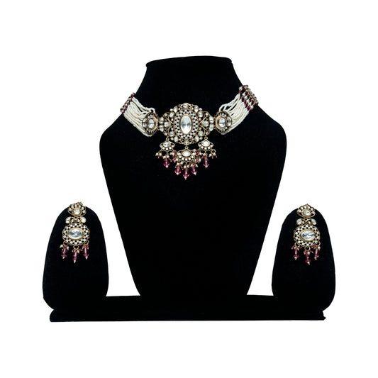 AD Choker – Multistrand Pearl Necklace with Magenta Drops