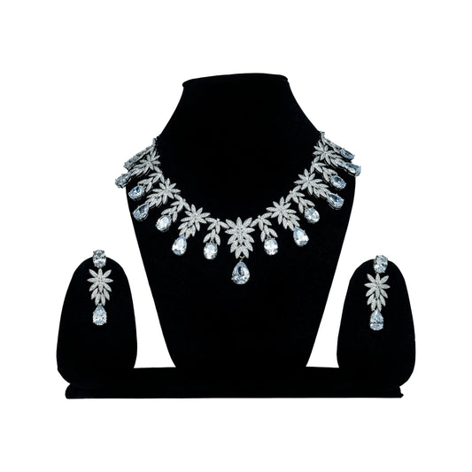 Silver Zirconia Leaf Motif Necklace Set