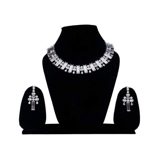 Silver-Plated Pink Stone Choker Necklace Set with Earrings