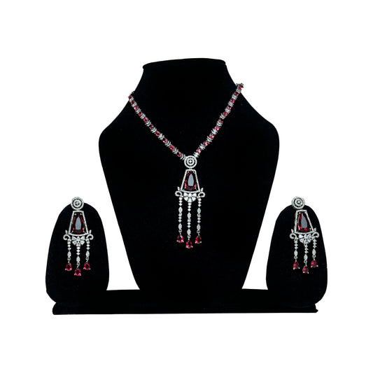 Silver Long Drop Design-Red Stone Fashion Necklace Set