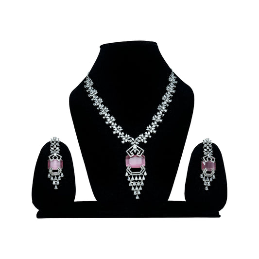 Pink AD Necklace Set with Pendant & Earrings
