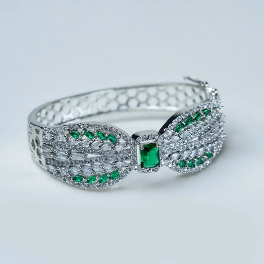 Silver Finish with Green Stone Diamond Kada Bracelet