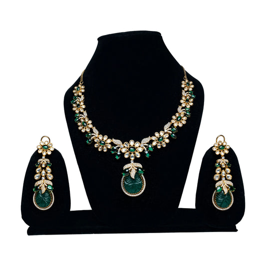 Green Stone Floral Necklace Set with Earrings