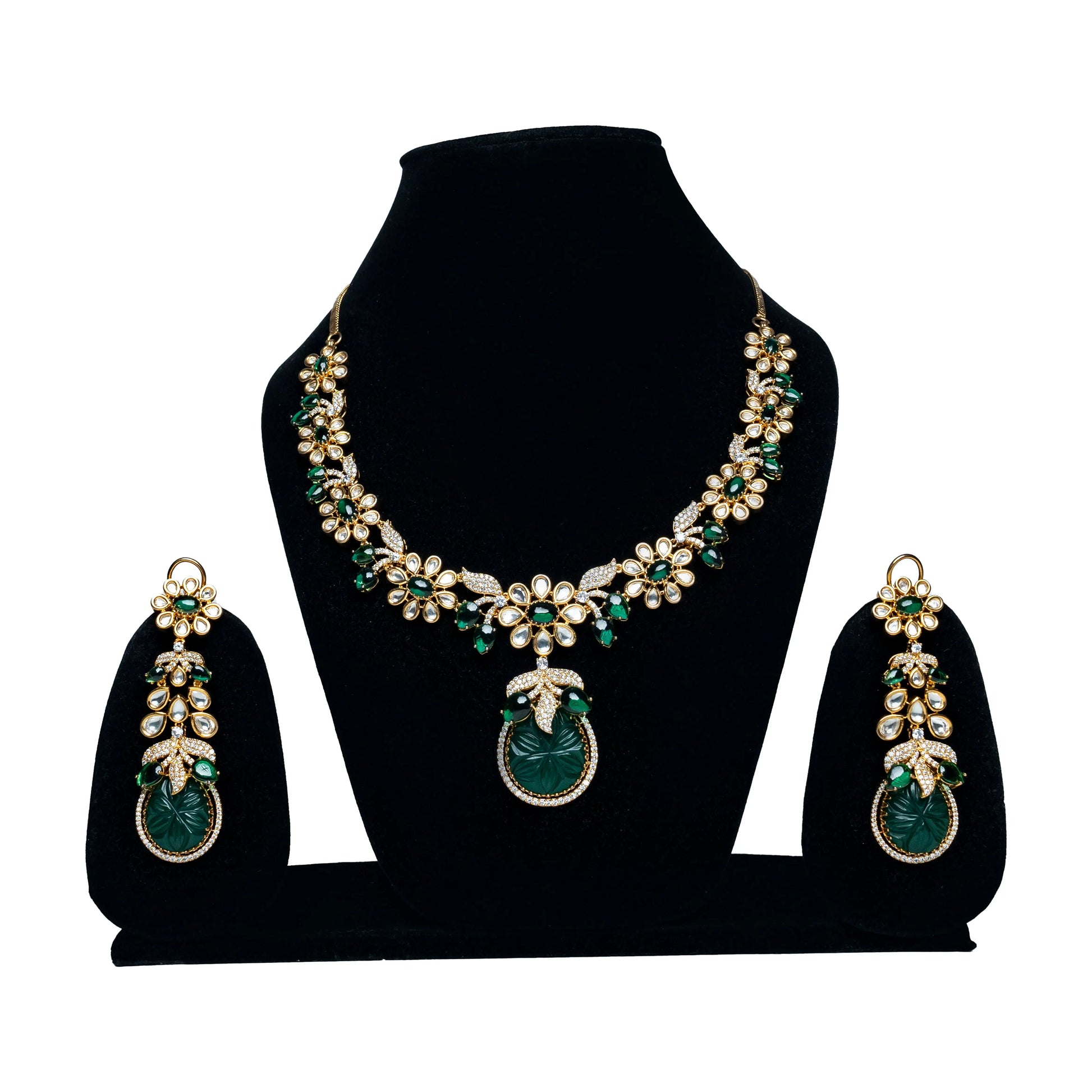 Green Stone Floral Necklace Set with Earrings