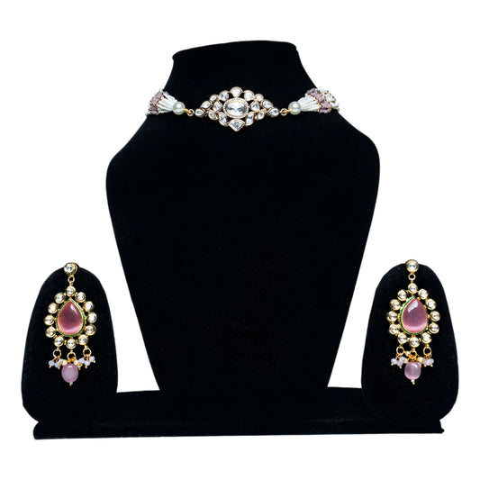 Elegant Pearl & Pink Stone Choker Kundan Set