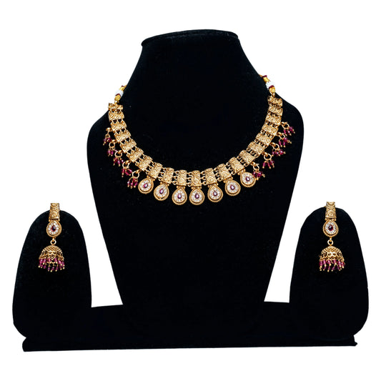 Antique Gold Coin with Red Bead Drops Rajwada Necklace Set