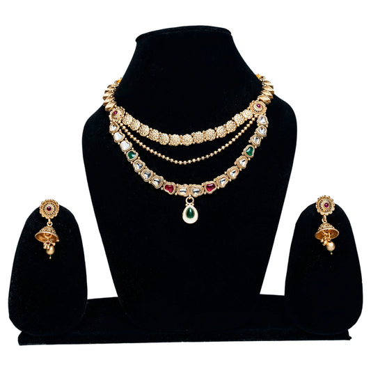 Layered Antique Gold&Green Pendant Rajwada Necklace Set