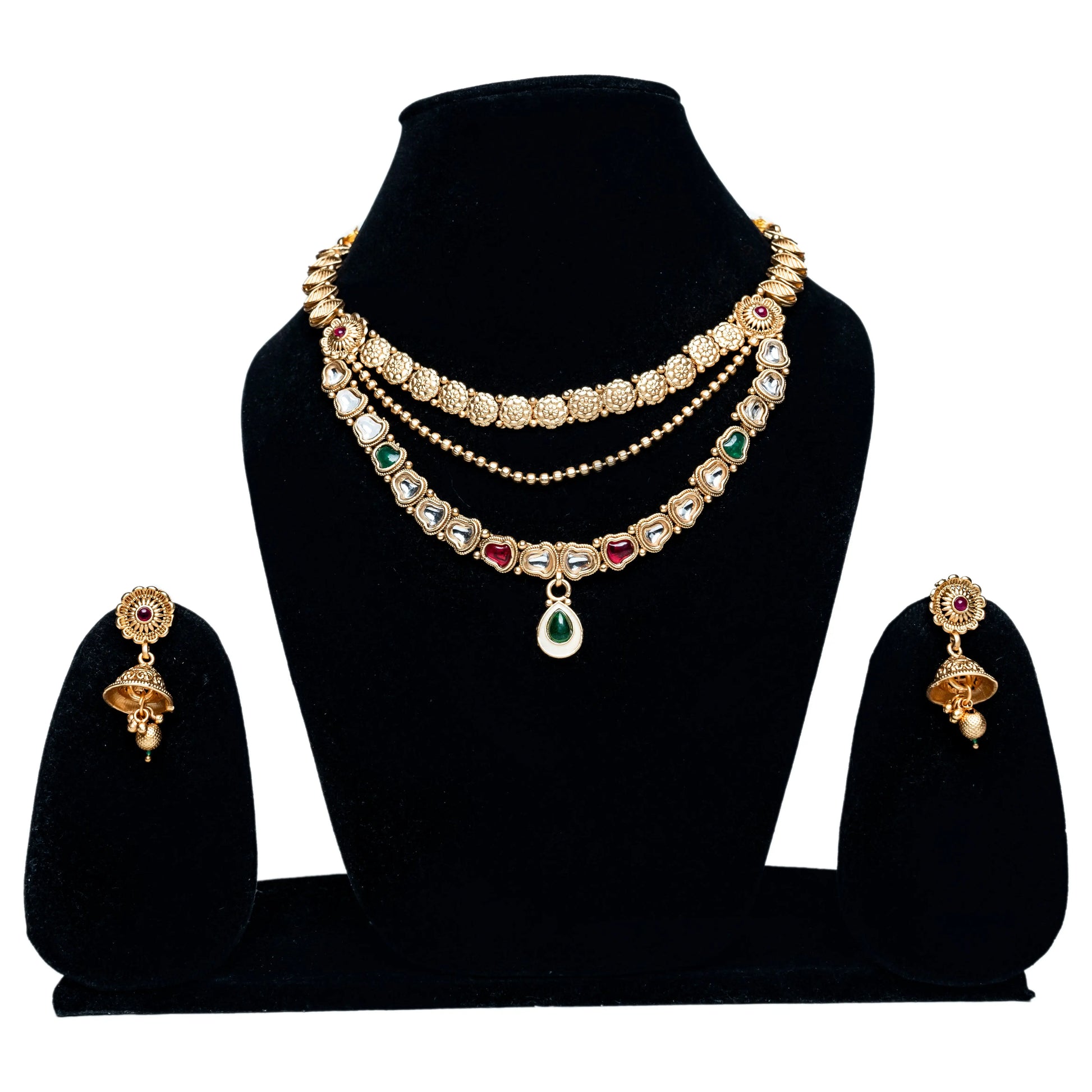 Layered Antique Gold&Green Pendant Rajwada Necklace Set