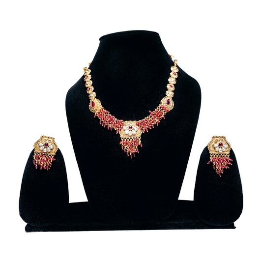 Red Bead Kundan Necklace Set with Earrings