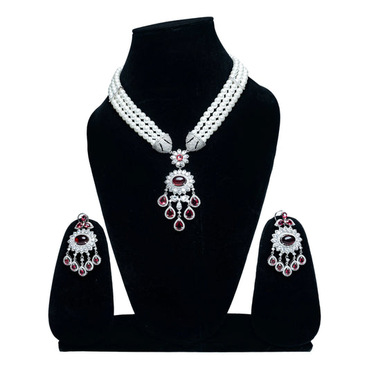 White Beaded Choker with Maroon Stones Kundan Pearl Set