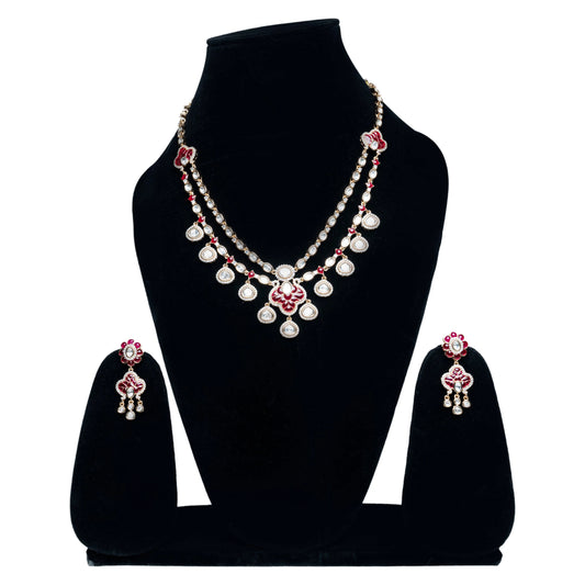 Red and White Stone Necklace with Earrings