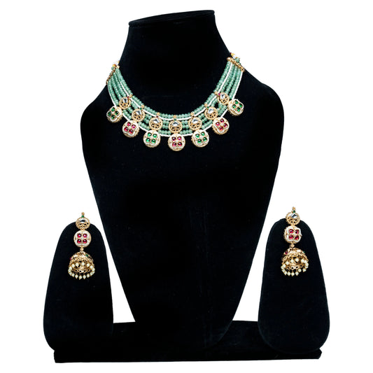 Rajwada Green Beaded Kundan Necklace Set