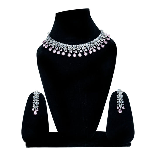 Silver Finish with Pink Beads Crystal Jewelry Set