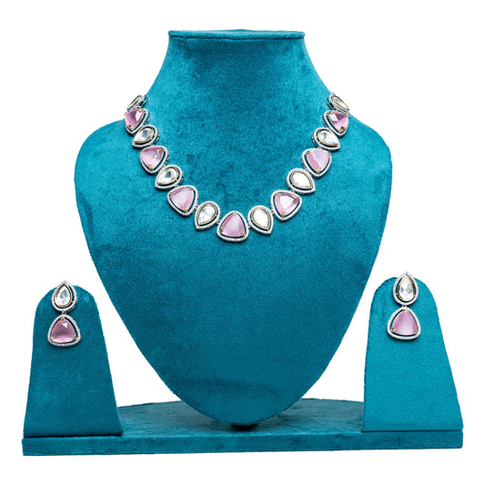 Kundan Pink Stone Choker Necklace Set With Earrings