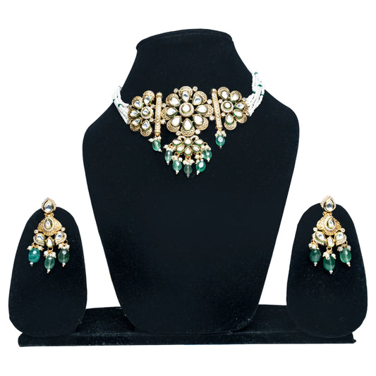 Green Beaded Choker Set with Kundan Work and Matching Earrings